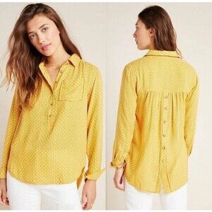 ANTHROPOLOGIE Isadora Tunic Top MEDIUM Yellow Button Front Women WOOL Blend
